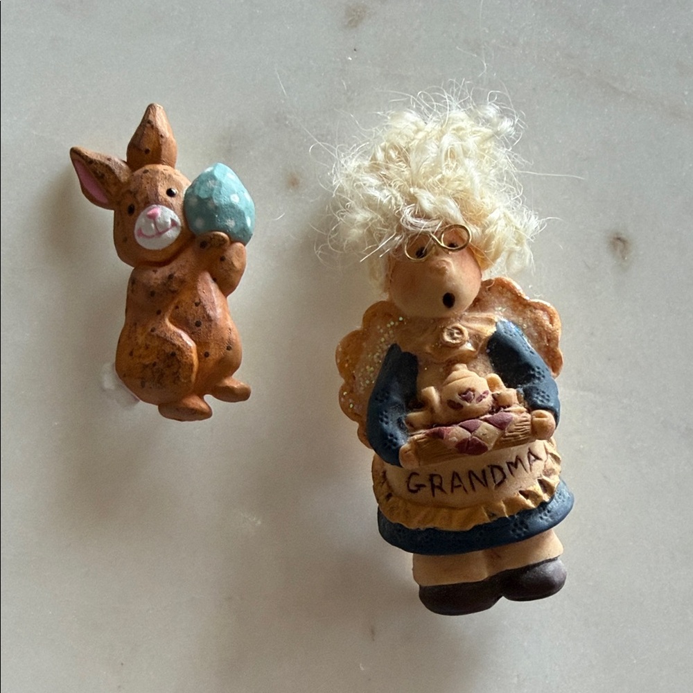 Grandma brooch and Hallmark Bunny Brooch in Blue, Tan, Cream